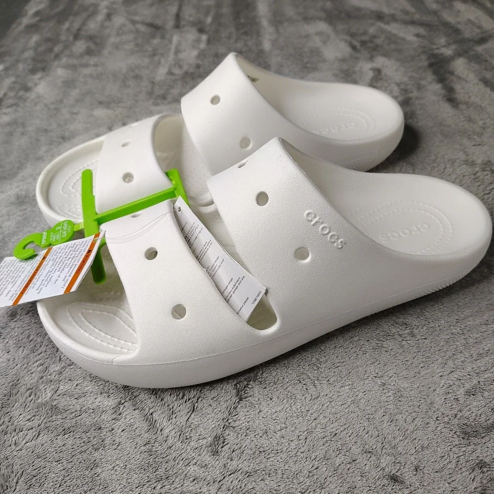 Crocs Classic Slide Sandals Mens 10 White Solid Two Strap Slip On Comfort‎